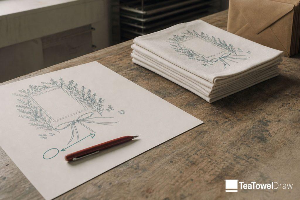 A print bench showing an artwork proof, a stack of printed tea towels, and addressed envelopes ready to post