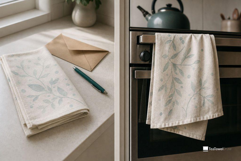 A folder tea towel and en evelope against the same tea towel hanging on the over years later