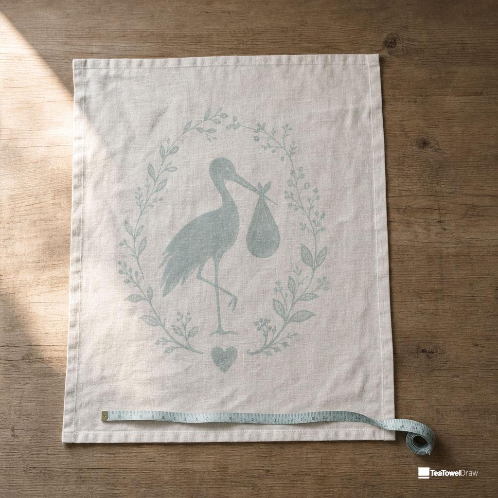 A printed tea towel laying flat with a tape measure along the bottom side