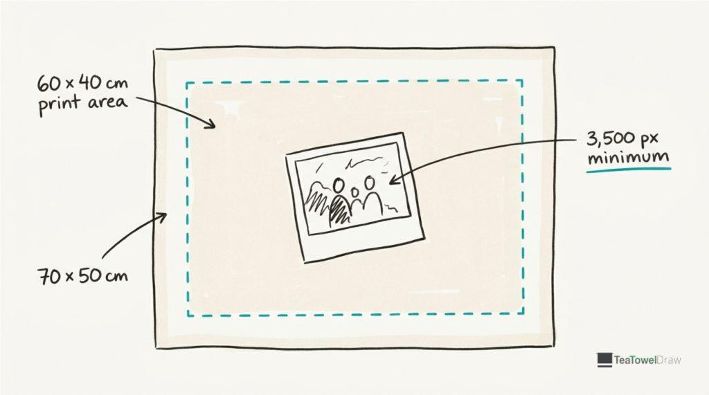 Tea towel diagram showing the 70 by 50cm towel, the 60 by 40cm print area and the minimum photo size