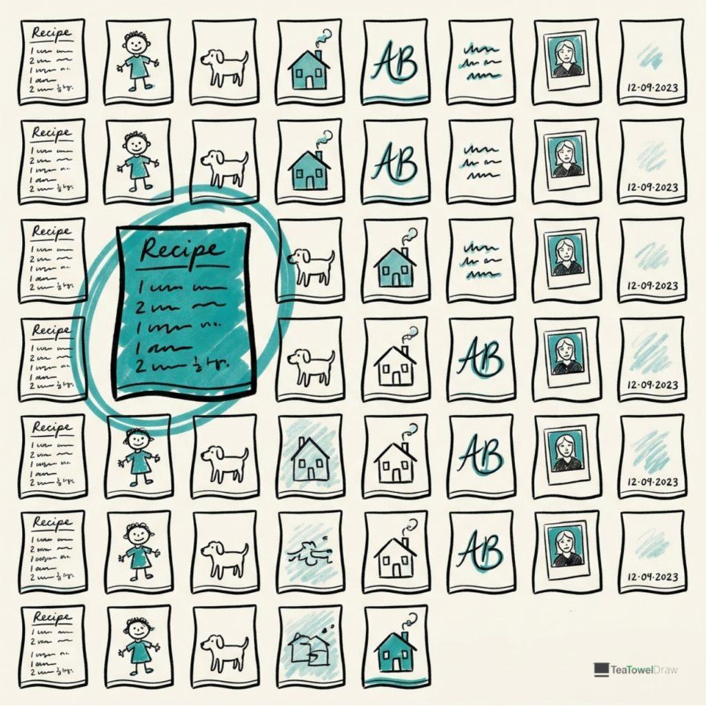 Grid of tea towel design ideas including a handwritten recipe, a child's drawing, a pet and a monogram
