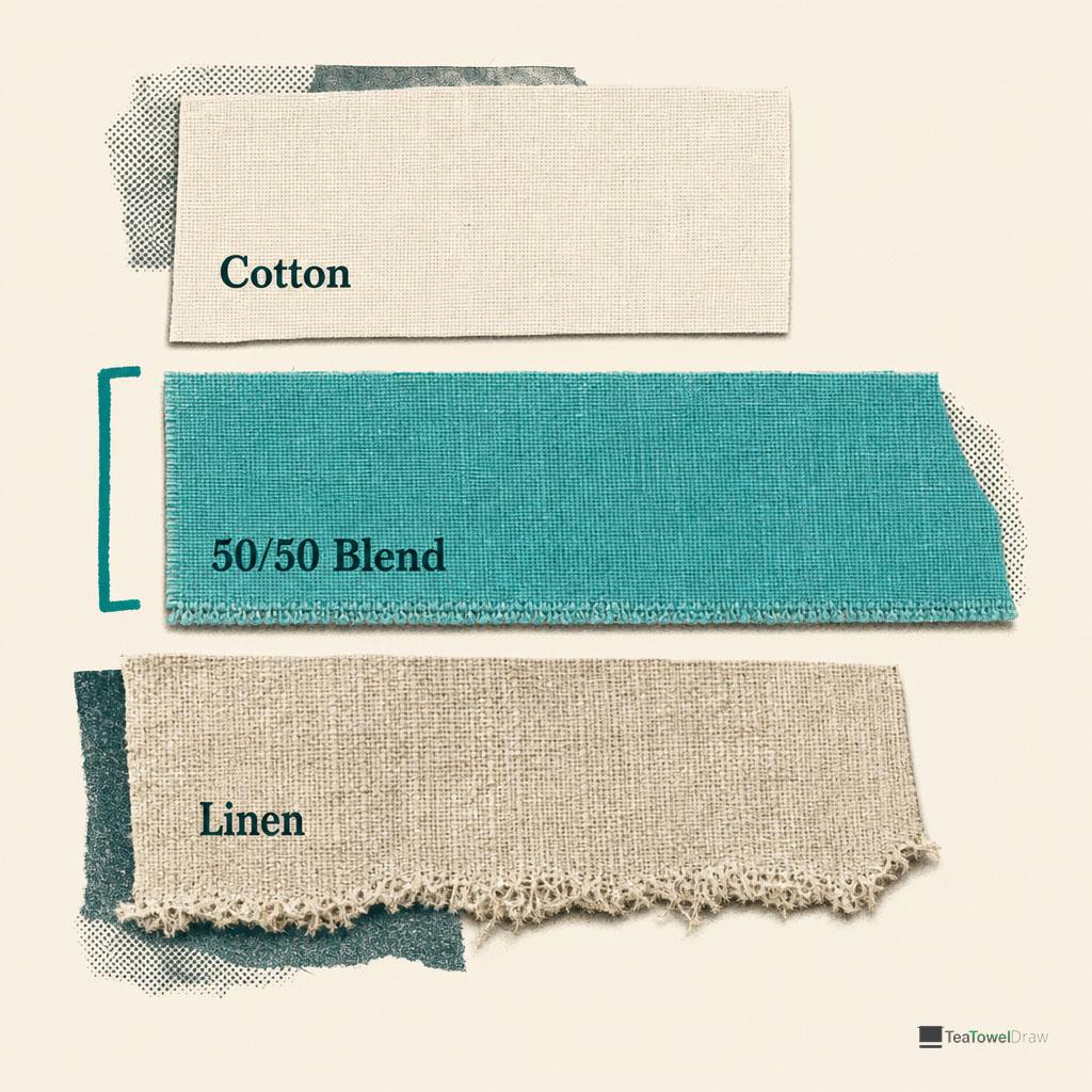 Three stacked fabric swatches ordered from lightweight cotton to textured premium linen
