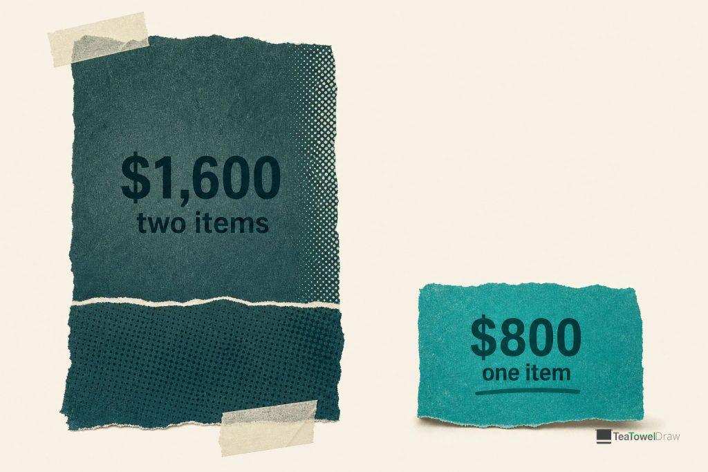 Cost blocks comparing $1,600 for separate invitations and favours against $800 for tea towel invitations