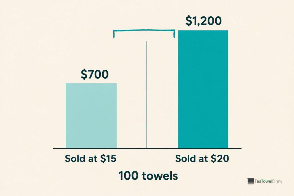 At 100 towels, selling at $20 instead of $15 lifts the profit from $700 to $1,200.