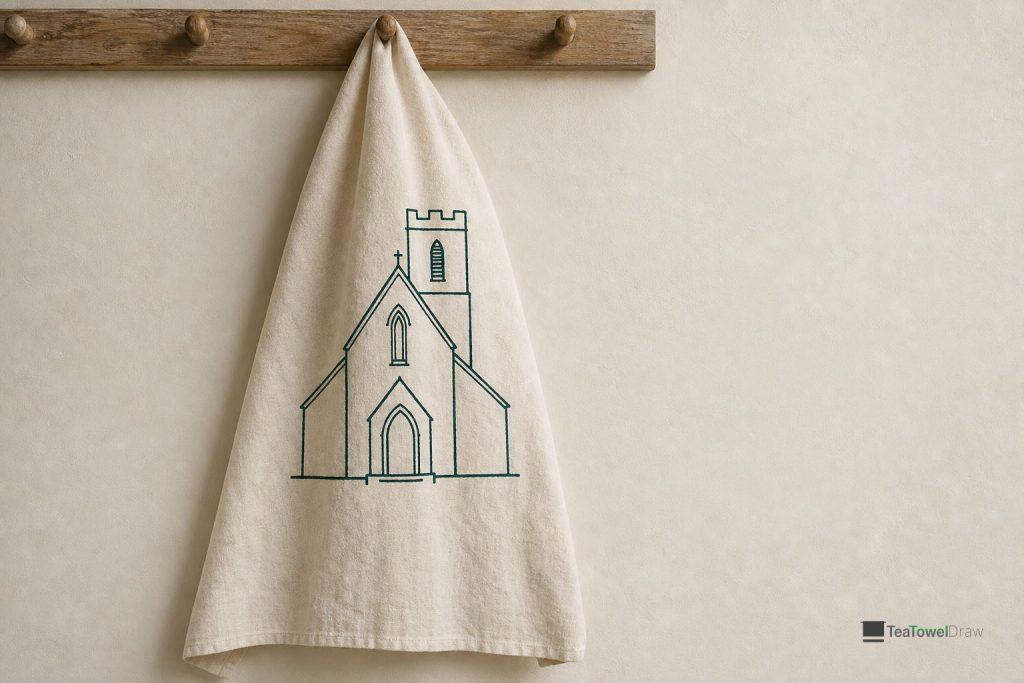A tea towel printed with a single line drawing of a church building, hanging on a peg rail.