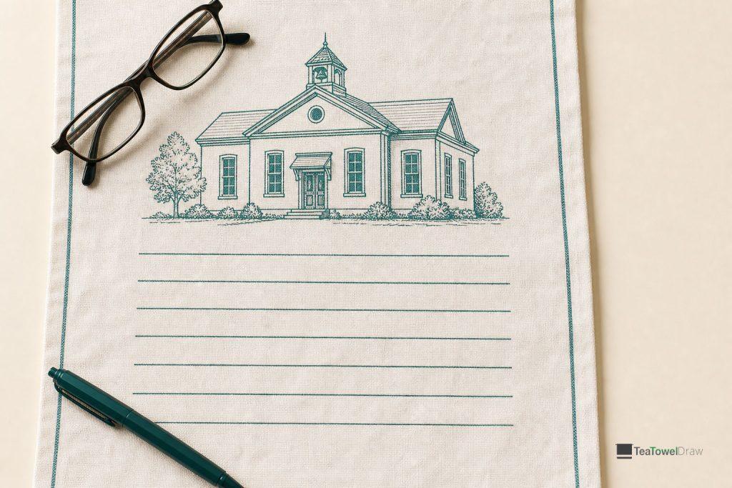 A printed tea towel laid flat with reading glasses and a pen, ready for a proof check before approval.
