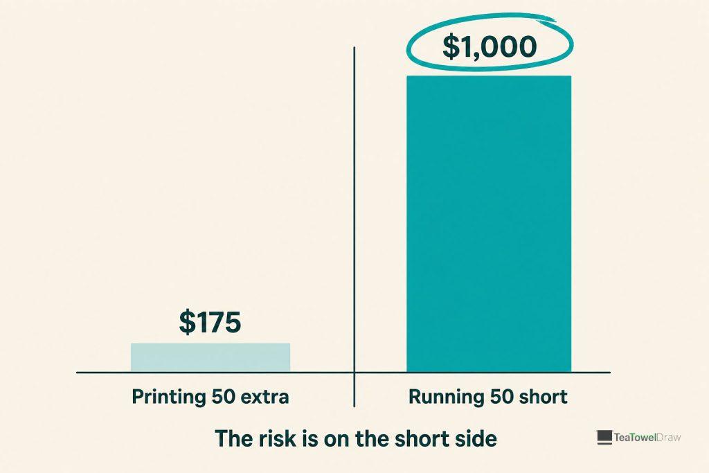 Printing 50 extra towels costs $175, while running 50 short costs $1,000 in sales that cannot be recovered.