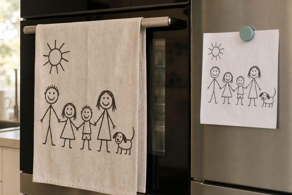 A tea towel printed with a young child's black-pen family drawing, hanging on an oven door beside the original drawing on the fridge.