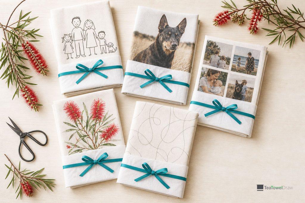 Five personalised tea towels half wrapped as Christmas presents, showing a child's drawing, a dog photo, family photos and a painting.