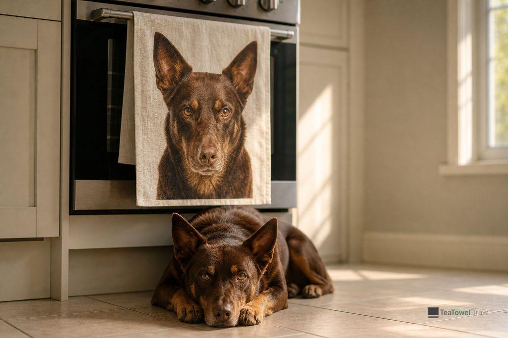 A red kelpie lying on the kitchen floor under a tea towel printed with its own portrait.