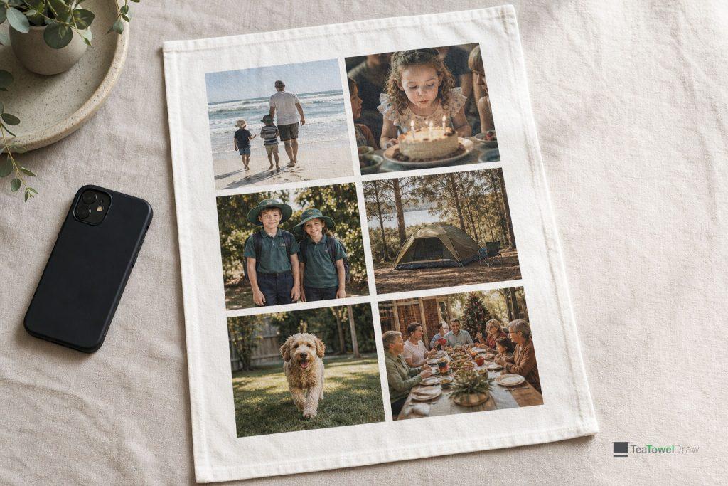 A tea towel printed with a grid of six family photos from one year, laid flat beside a phone.