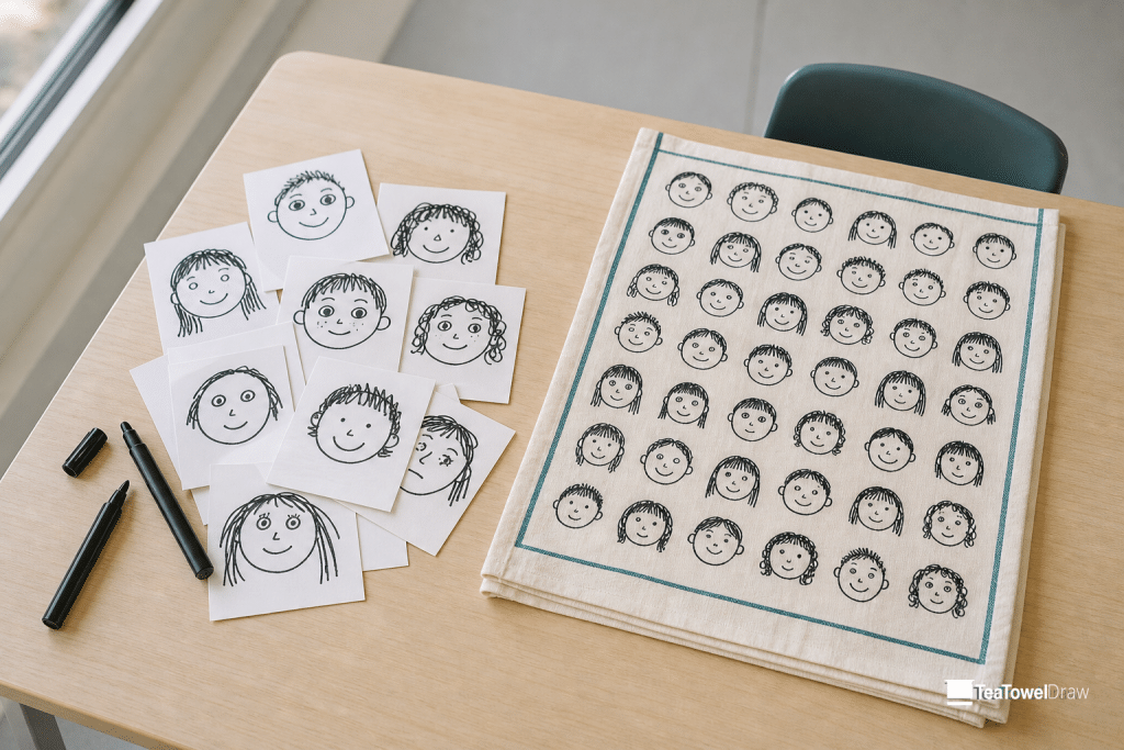 Children's black-pen self-portraits on A5 cards beside a folded tea towel printed with the whole class's faces.