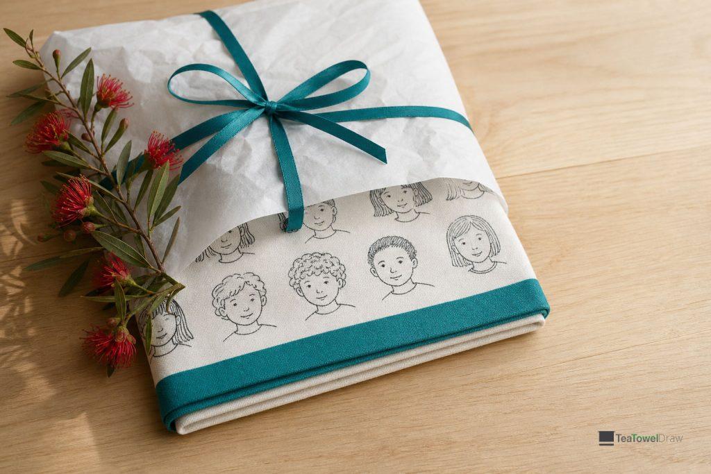 A class tea towel half wrapped in tissue paper and ribbon beside a sprig of red native flowers.